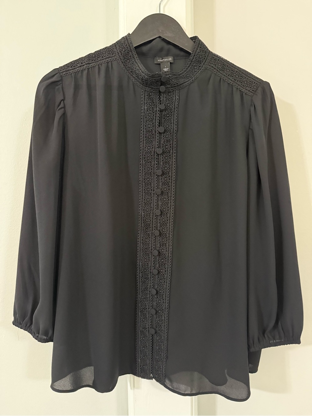 Ann Taylor Black Crochet-Trim Button-Front Blouse
